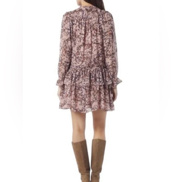 Joie Elsverre Silk Abstract Long Sleeve Dropped Waist Flounce Mini Dress, Size 8 - Picture 2 of 8